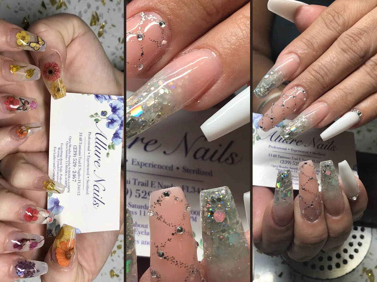 Manicured nails beside a polish display.