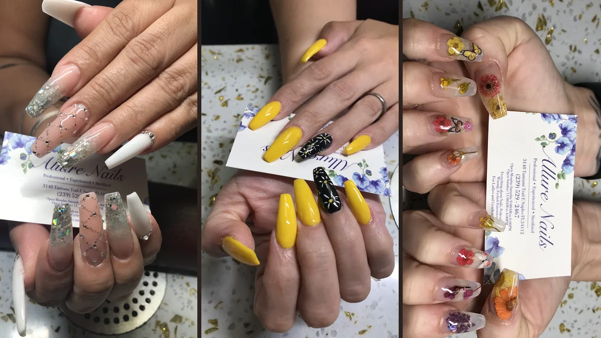 Close-up of nail art on fingertips.