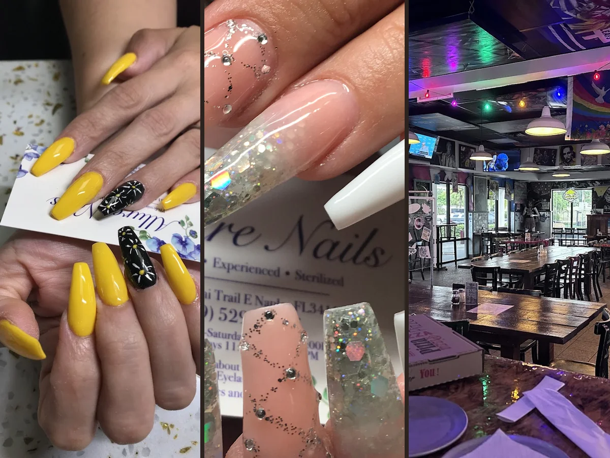 Manicured nails beside a polish display.